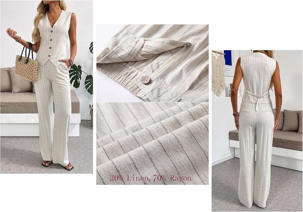 Women's 2 Piece Outfits Linen Vest Waistcoat Dressy Casual Sets Wide Leg Pants Suits