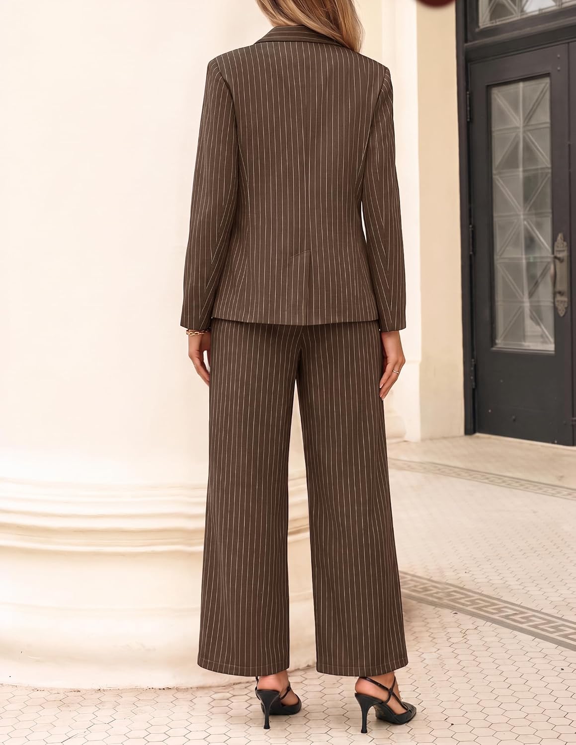 ZESICA Women's 2 Piece Striped Suit Sets Business Casual Outfits