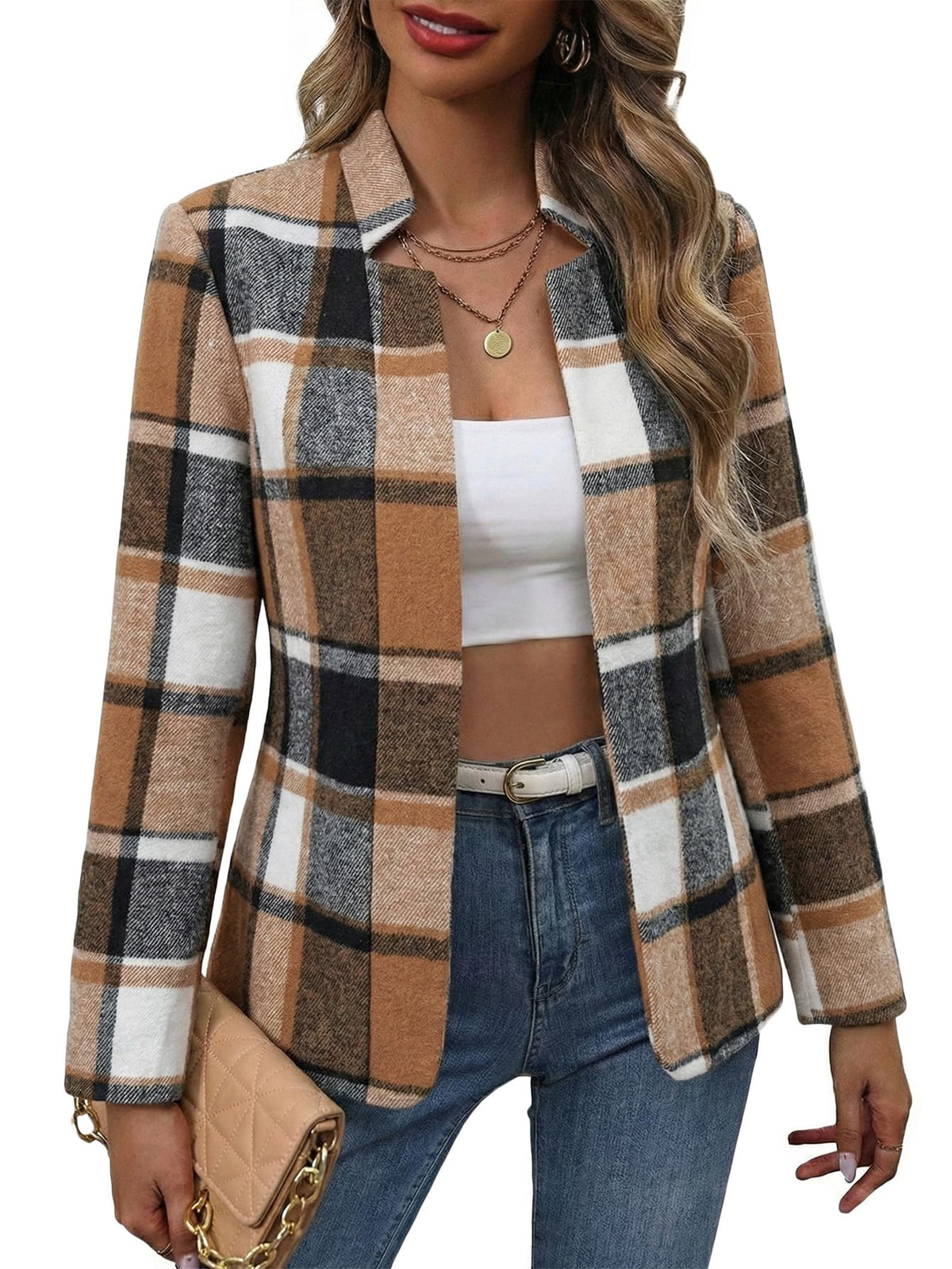 Mina Self 2026 Fall Women's Open Front Tweed Blazer,Plaid Fitted Jacket