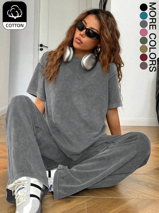 Women's Basic Casual Everyday Acid-Wash Vintage Street-Style Soft Cotton Two-Piece Set, Loose-Fit Round-Neck Short-Sleeve T-Shirt and Wide-Leg Pants