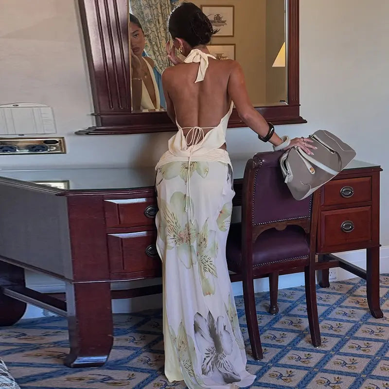 Women's Chic 2-Piece Fitted Matching Set - Cowl Neck Backless Crop Tank Top, Floral Print Sheer Fabric Maxi Skirt with Thigh-High Slit, Tie Waist, Deep V Evening Holiday Party Outfits, Sohochic Women's Clothing Set