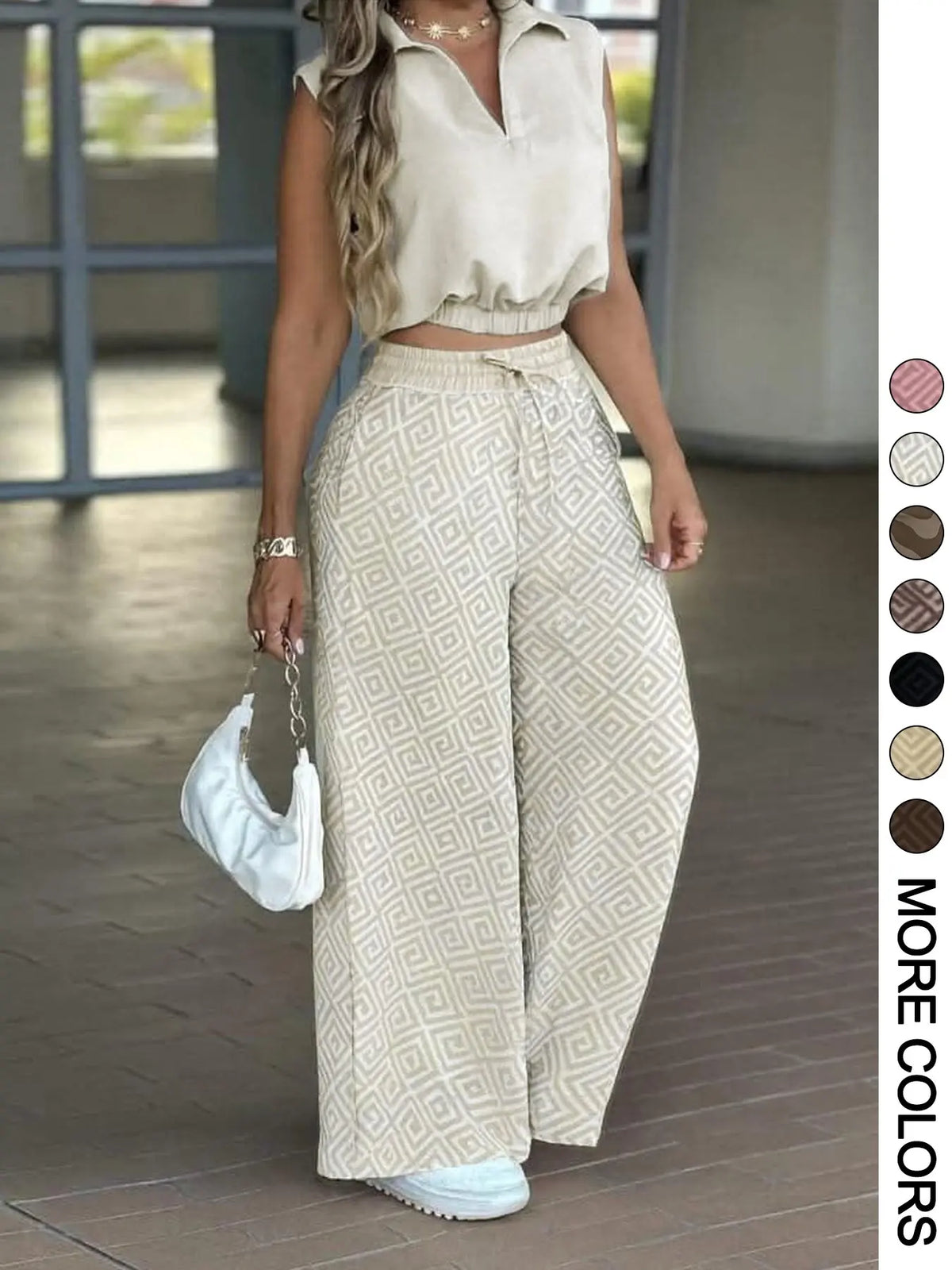 2-Piece Women's Basic Casual Commuter Clothes Set, Sleeveless Collared Waist-Defined Top with High-Waisted Adjustable Drawstring Wide-Leg Pants