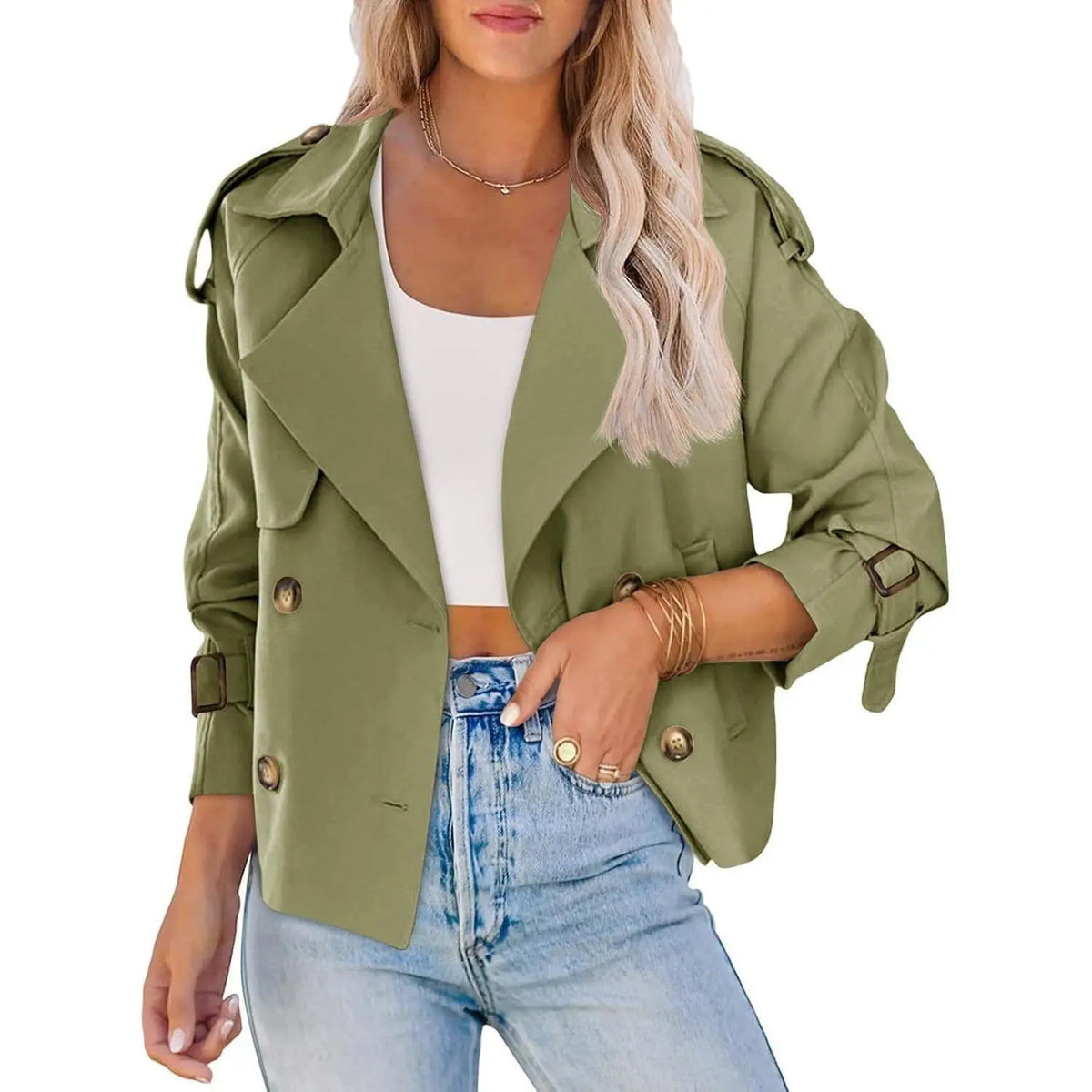 Fessceruna Women Crop Double Breasted Trench Coat Raglan Sleeve Work Office Cropped Jacket With Pockets