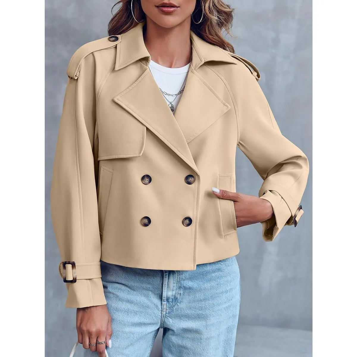 Fessceruna Women Crop Double Breasted Trench Coat Raglan Sleeve Work Office Cropped Jacket With Pockets