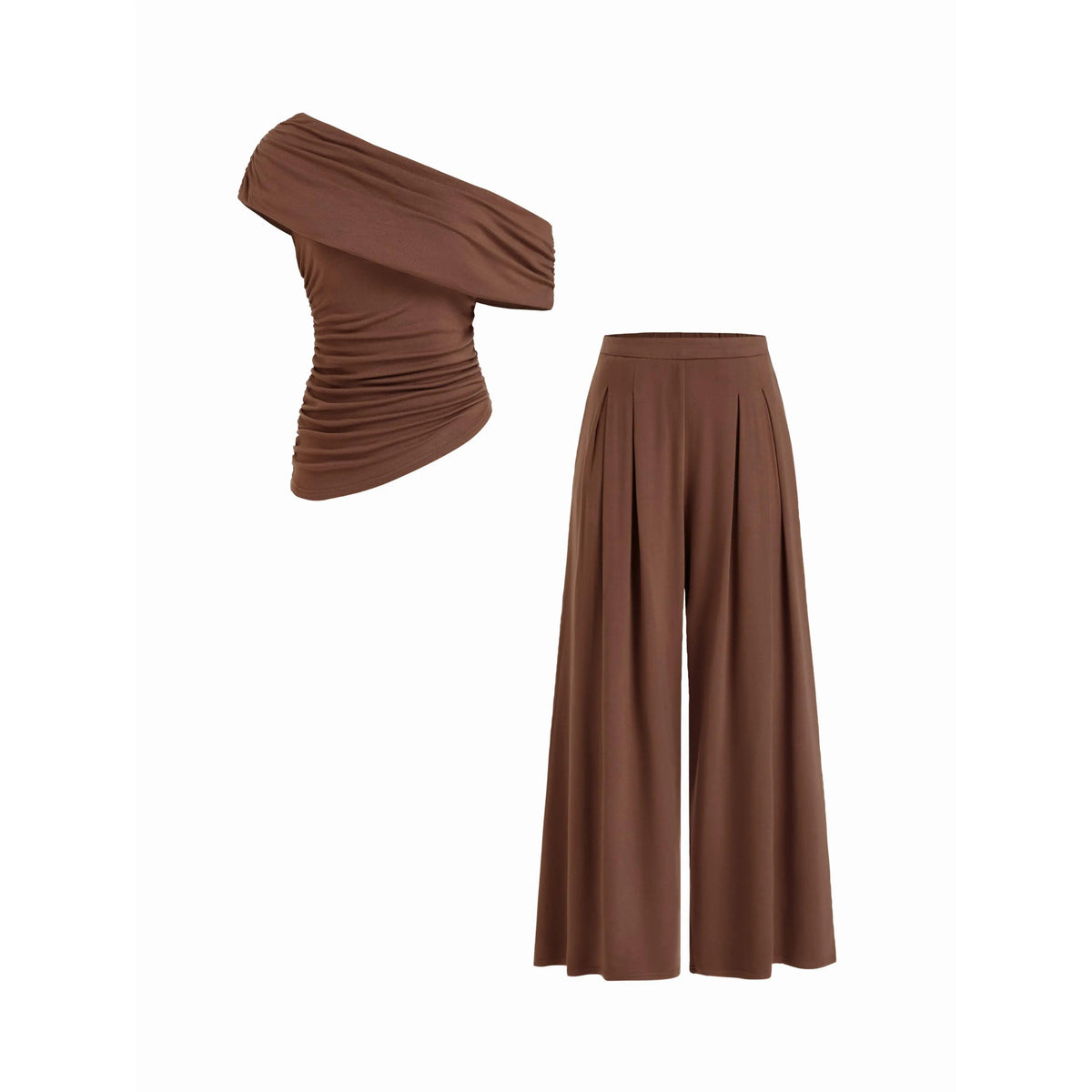 Cider 2-Piece Set Asymmetrical Neck Ruched Top & Mid Rise Wide Leg Draped Trousers Set