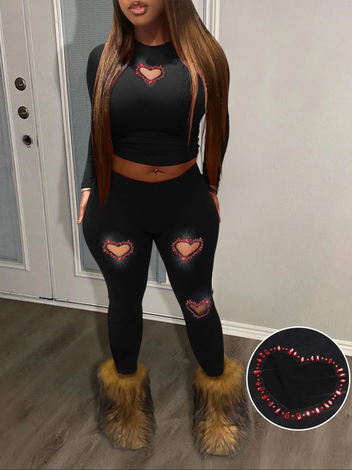 Two-Piece Set Women's Rhinestone Heart Decor Cut Out Crop Top & Skinny Pants Set, Long Sleeve Round Neck Top & Trousers Set for Fall & Winter, Women's Outfit Style for Daily Wear Casual Clothes, Casual Everyday Set