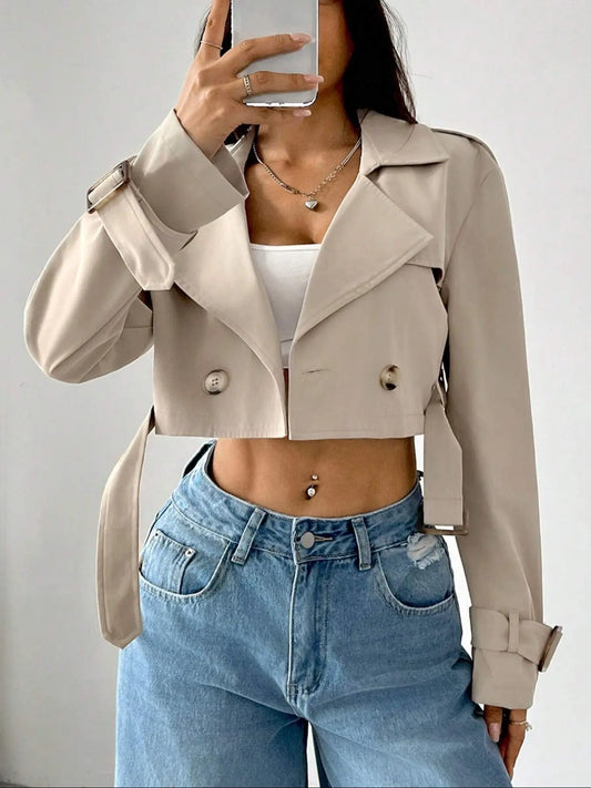 Women's Short Jacket Casual Plaid Collared Lightweight Trendy Double Button Blazer Jackets, Long Sleeve Loose-Fit Woven Fabric, Spring & Fall Fashion Outerwear for Women Button Adjustable Belt Womenswear Lady