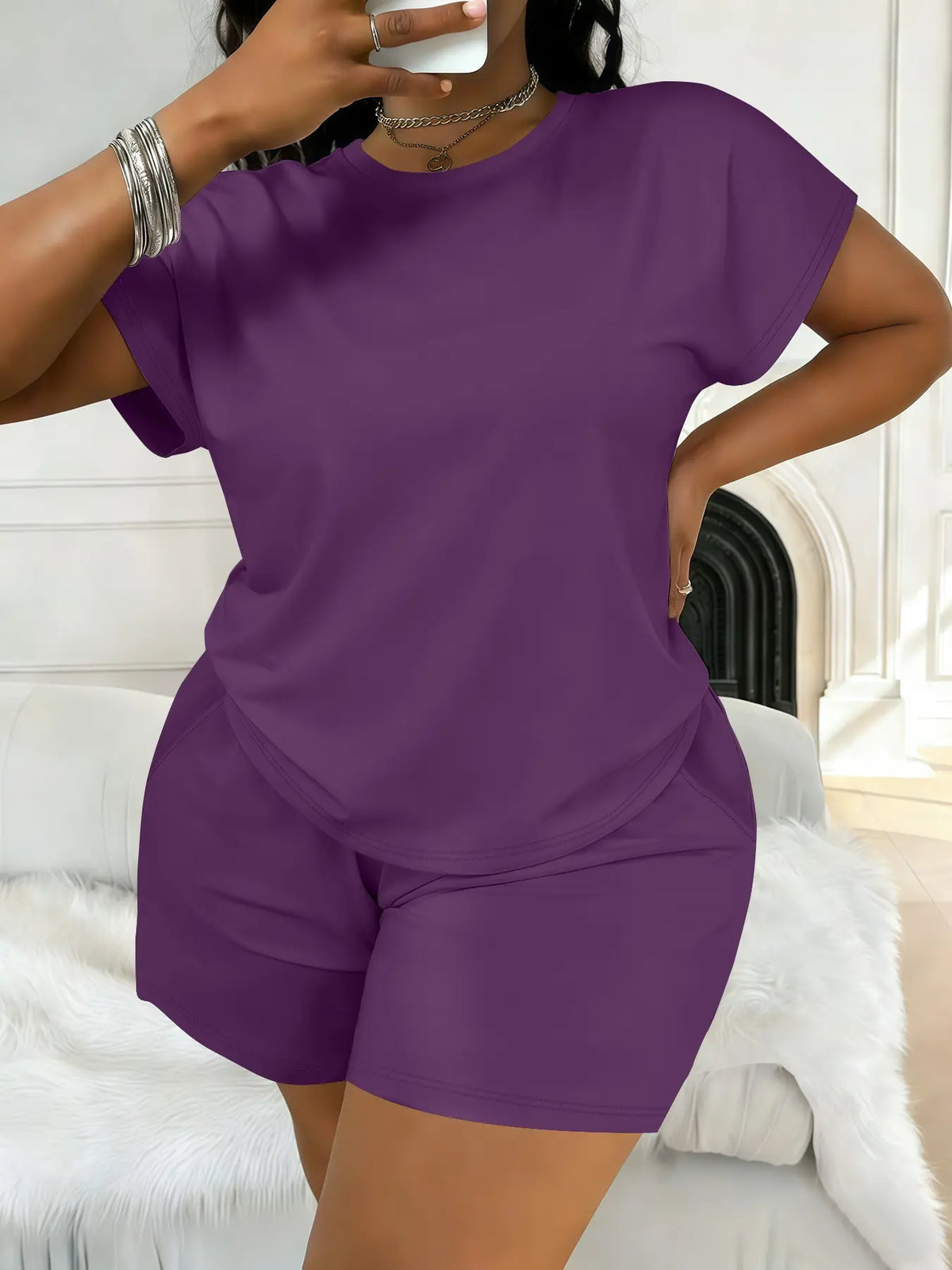 Women's Plus Size Casual Minimalist Plain Short-Sleeve Top and Shorts Set, Spring-Summer Womenswear Clothes with Loose Fit Comfort, All-Season Fashion
