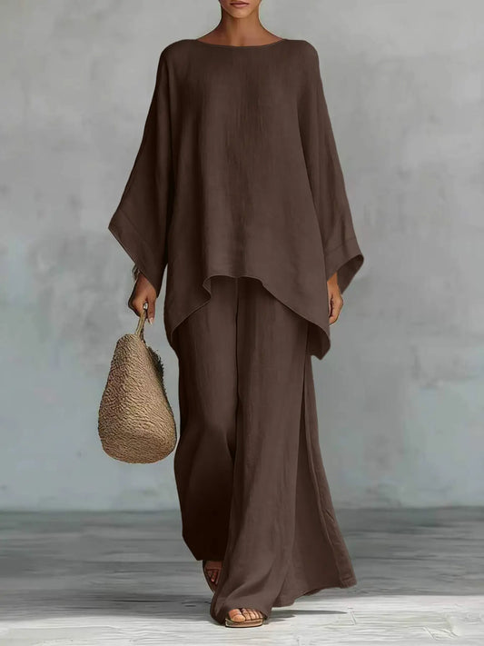 New Women's Simple Solid Loose-Fit Long Sleeve Blouse and Wide-Leg Pants Set, Baggy, Comfortable Casual Outfit, Perfect for Daily Wear, Stylish, Trendy and Elegance Two-Piece Set