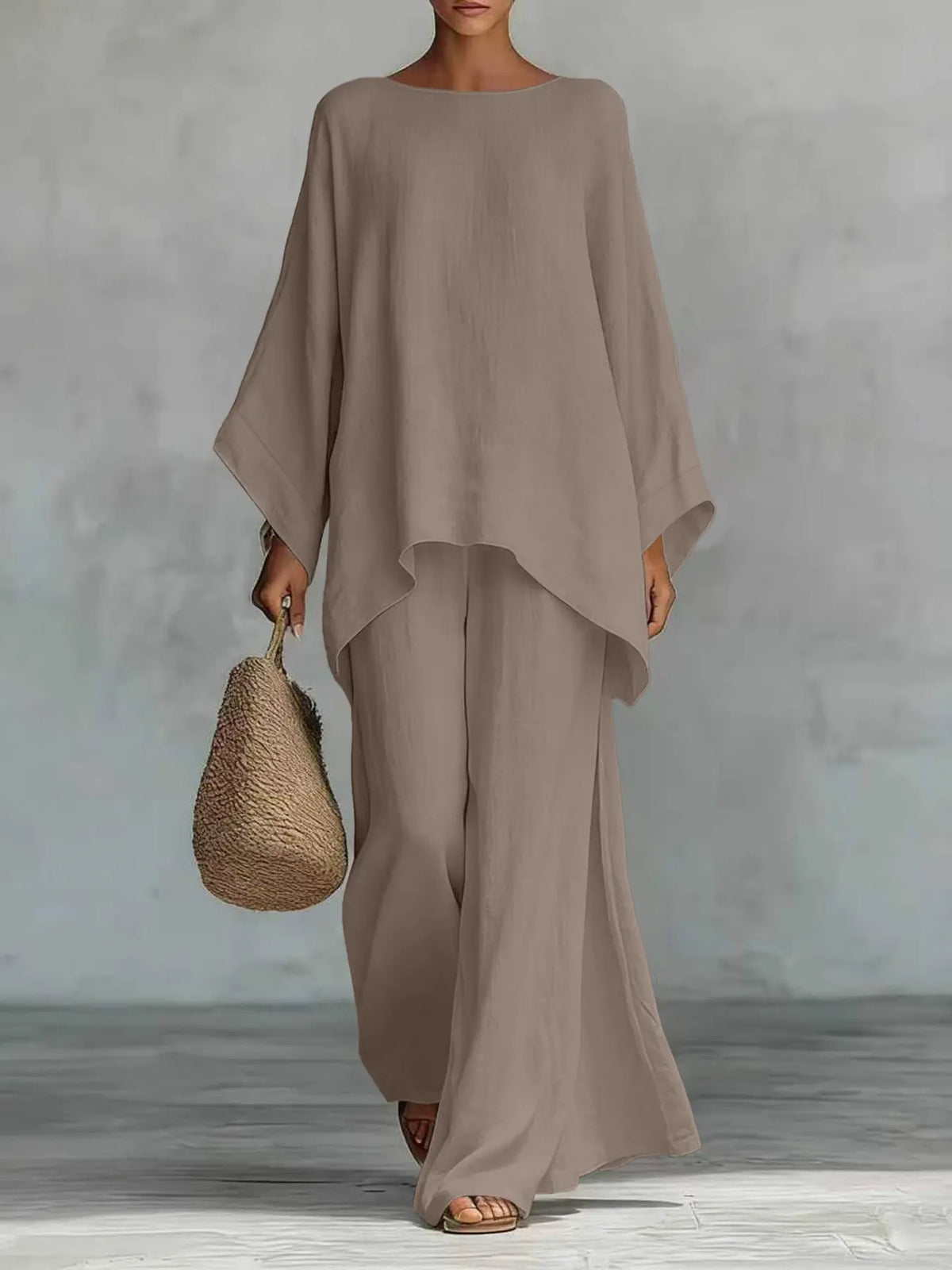 New Women's Simple Solid Loose-Fit Long Sleeve Blouse and Wide-Leg Pants Set, Baggy, Comfortable Casual Outfit, Perfect for Daily Wear, Stylish, Trendy and Elegance Two-Piece Set