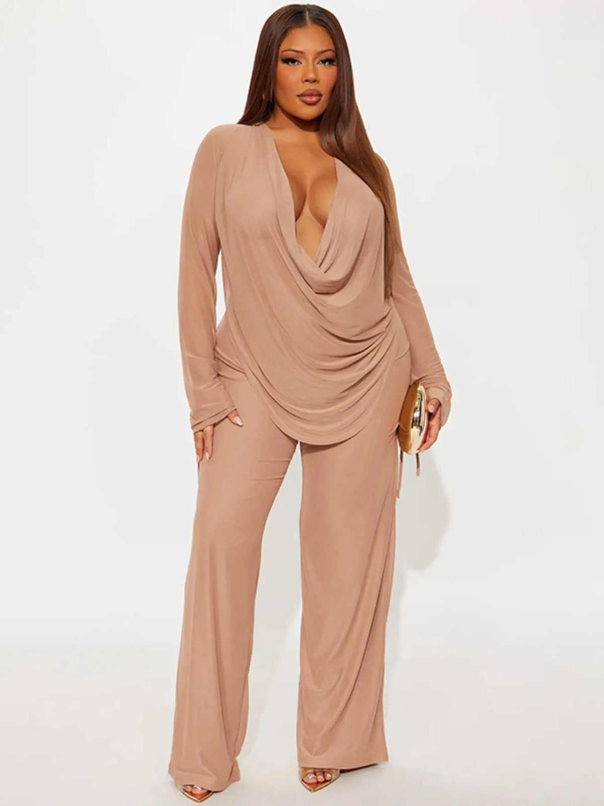 Women's Fashion Casual Fit Two-Piece Set Suits, Deep V Mesh Top & Wide Leg Pants, Trendy Long Sleeve Tie Design, Perfect for Daily Wear Clothes