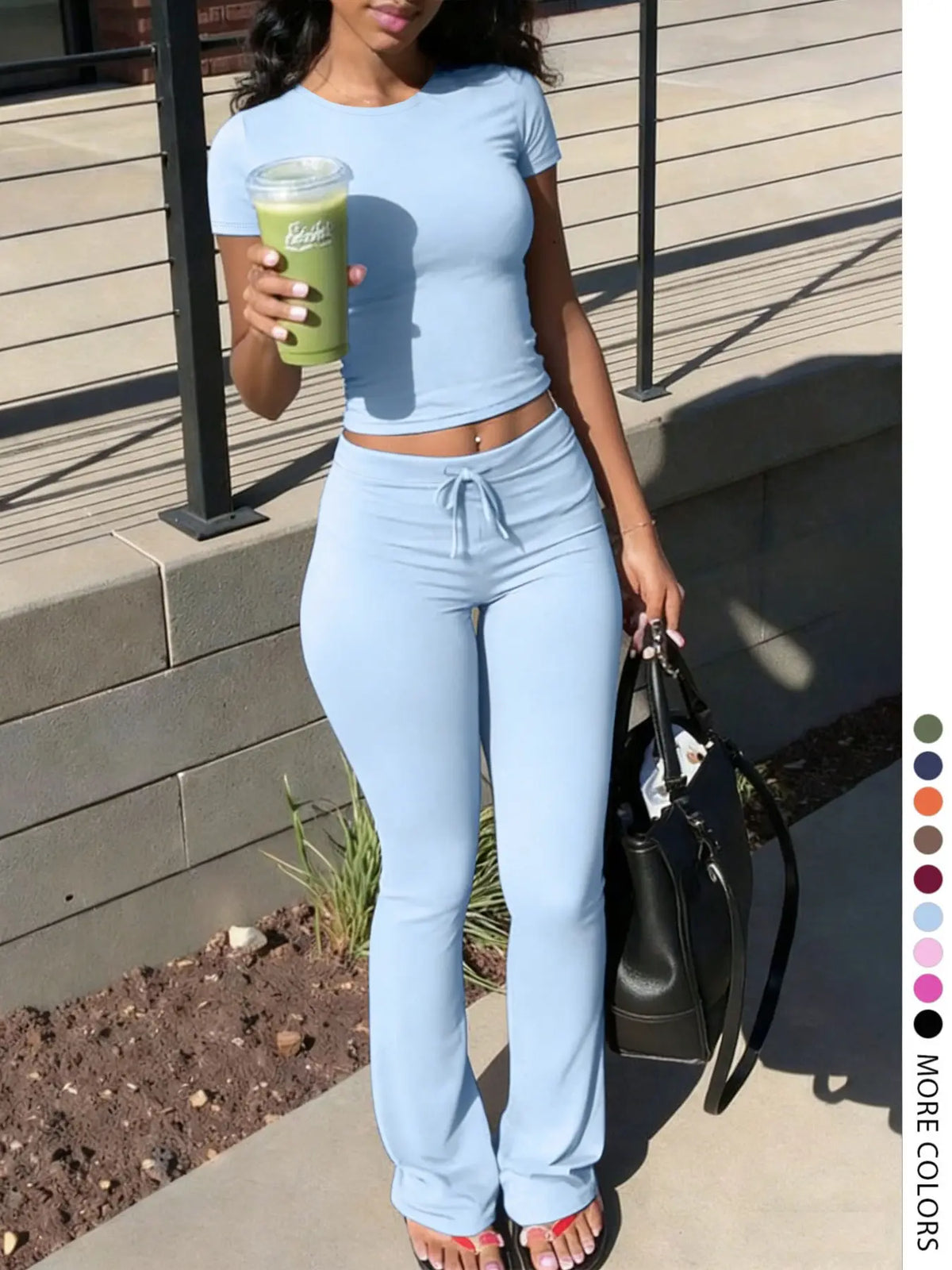 Women's LovelyWholesale Fashion Casual Two-Piece Set, Solid Color Round-Neck Short-Sleeve T-Shirt Top and Drawstring Pants, Spring and Summer Clothing