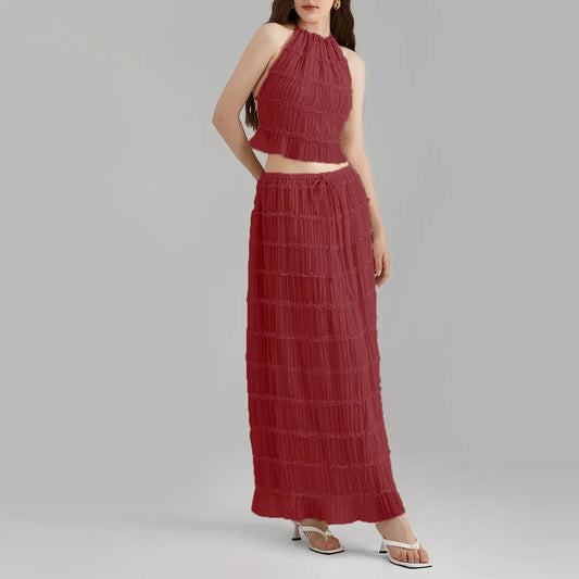 Women’s Two Piece Summer Outfits Sleeveless Ruched Halter Cami Tops and Long Skirt Set Beachwear