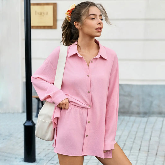 Fisoew Womens 2 Piece Basic Collared Matching Set Oversized Long Sleeve Button Down Top Attachable Safety Shorts Casual Beach Cover-Up Vacation Outfits SohoChic