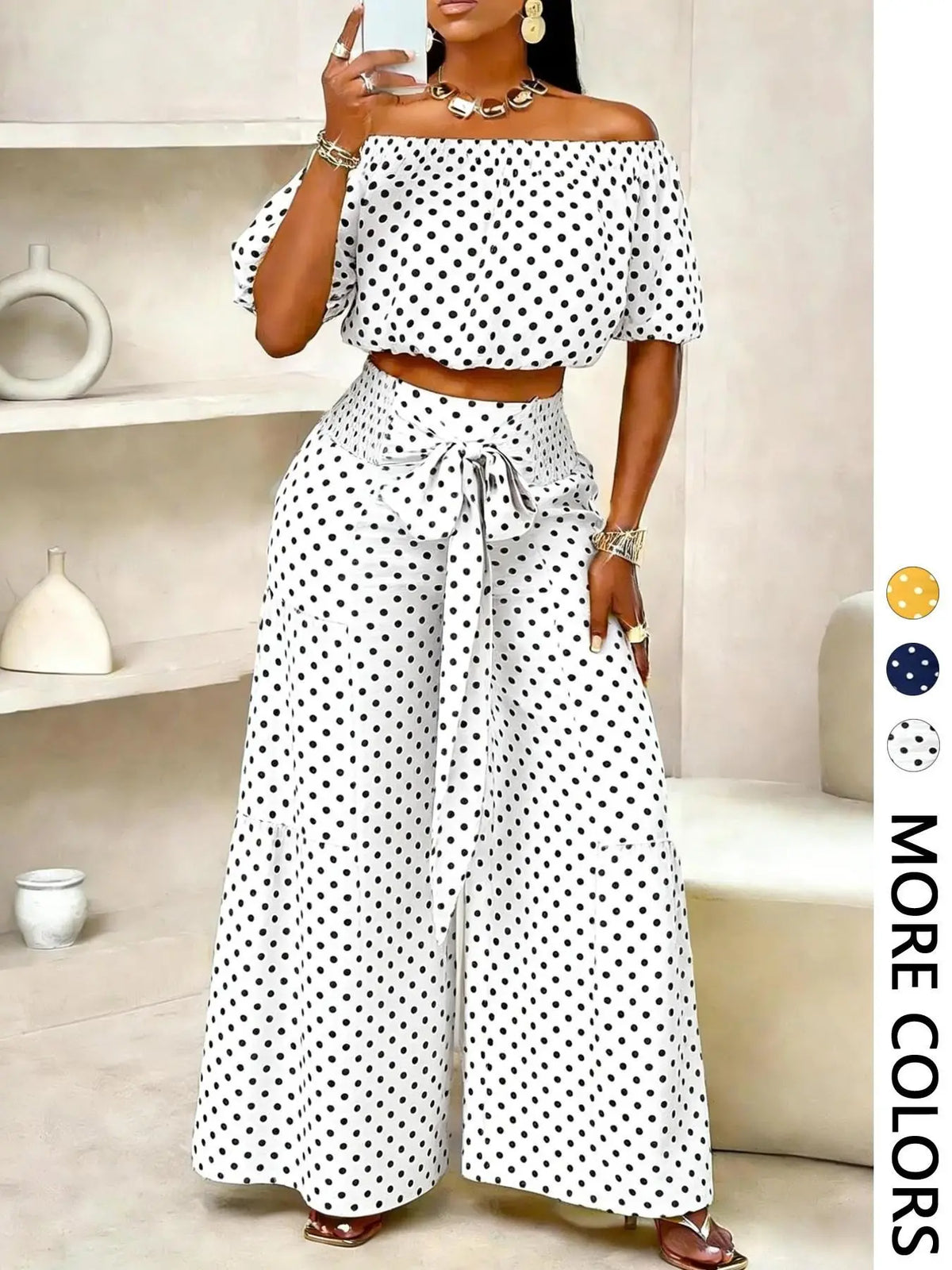Summer Beach Vacation Bow Shoulderless Round Neck Shirt Wide Leg Pants Set, Casual Loose-Fitting, Women's Fashion, Womenswear