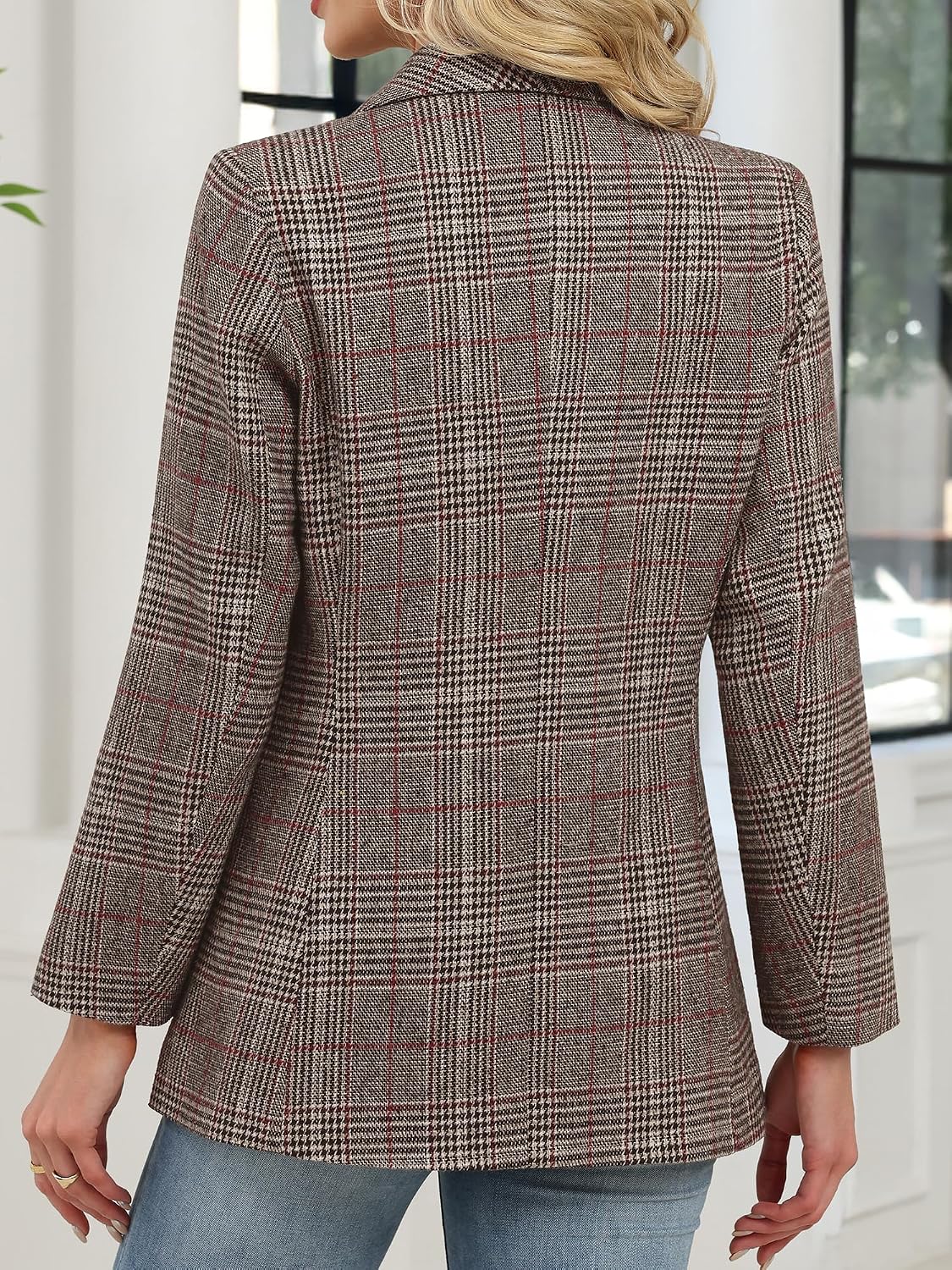 ELLEVEN Women's Shawl Collar Plaid Blazer
