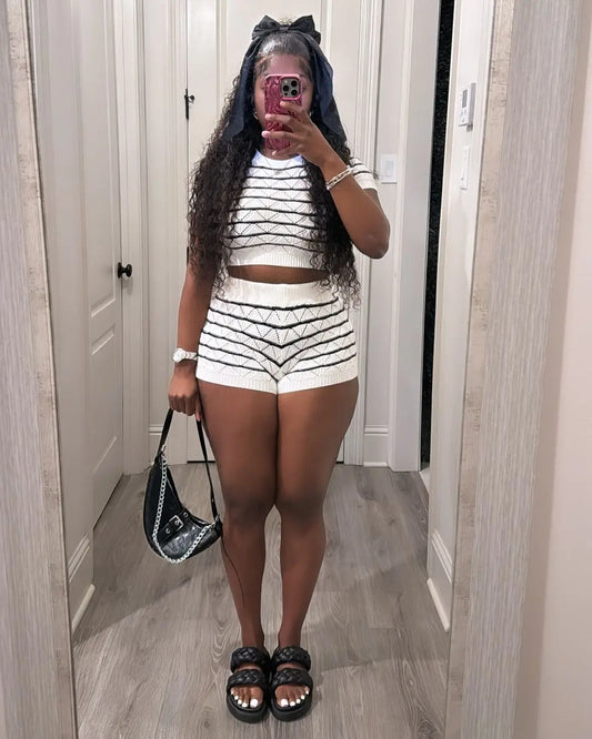 USBOUTIQUE CHIC Women‘s 2026 Spring Knit Two Piece Set Short Sleeve Top & High Waist Shorts Sweater Outfit