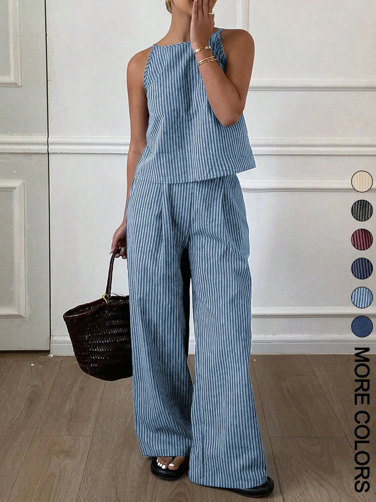 Women's Summer Striped Thin Strap Sleeveless Vest Top & Loose Long Pants Two-Piece Set, matching Outfit, Lightweight Casual Everyday Home Wear, Comfortable and Stylish