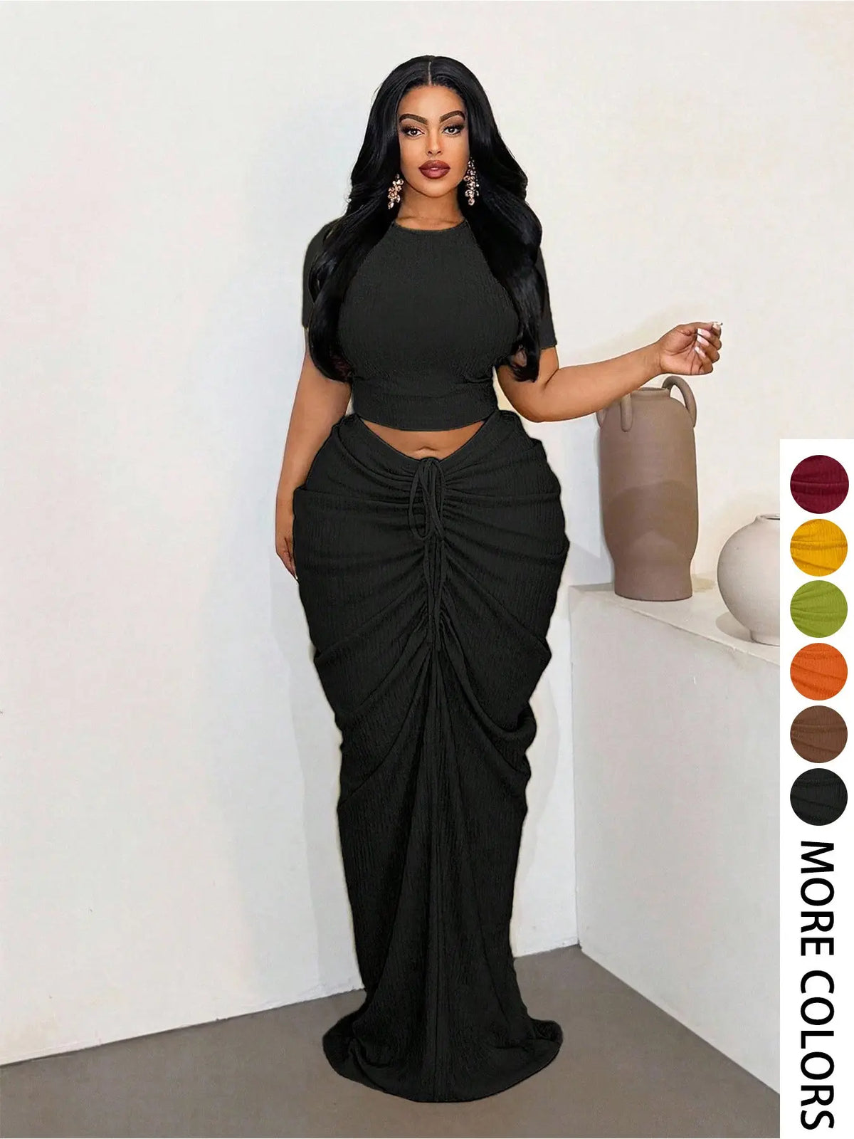Plus Size Two-Piece Women's Set, Ribbed Short Top & Drawstring Pleated Skirt, Sexy Slim Fit Party Evening, Curvy Friendly Fashion