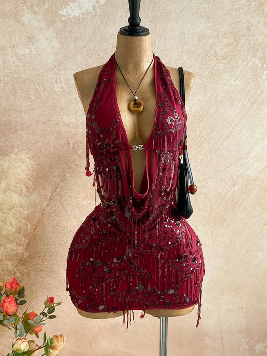Women's 2-Piece Sexy Fitted Sequin Fringe Fashion Apparel Set - Drape Neck Cowl Camisole & Mini Skirt Matching Set for Music Festival, Club Night Out, Matching Sets For Women