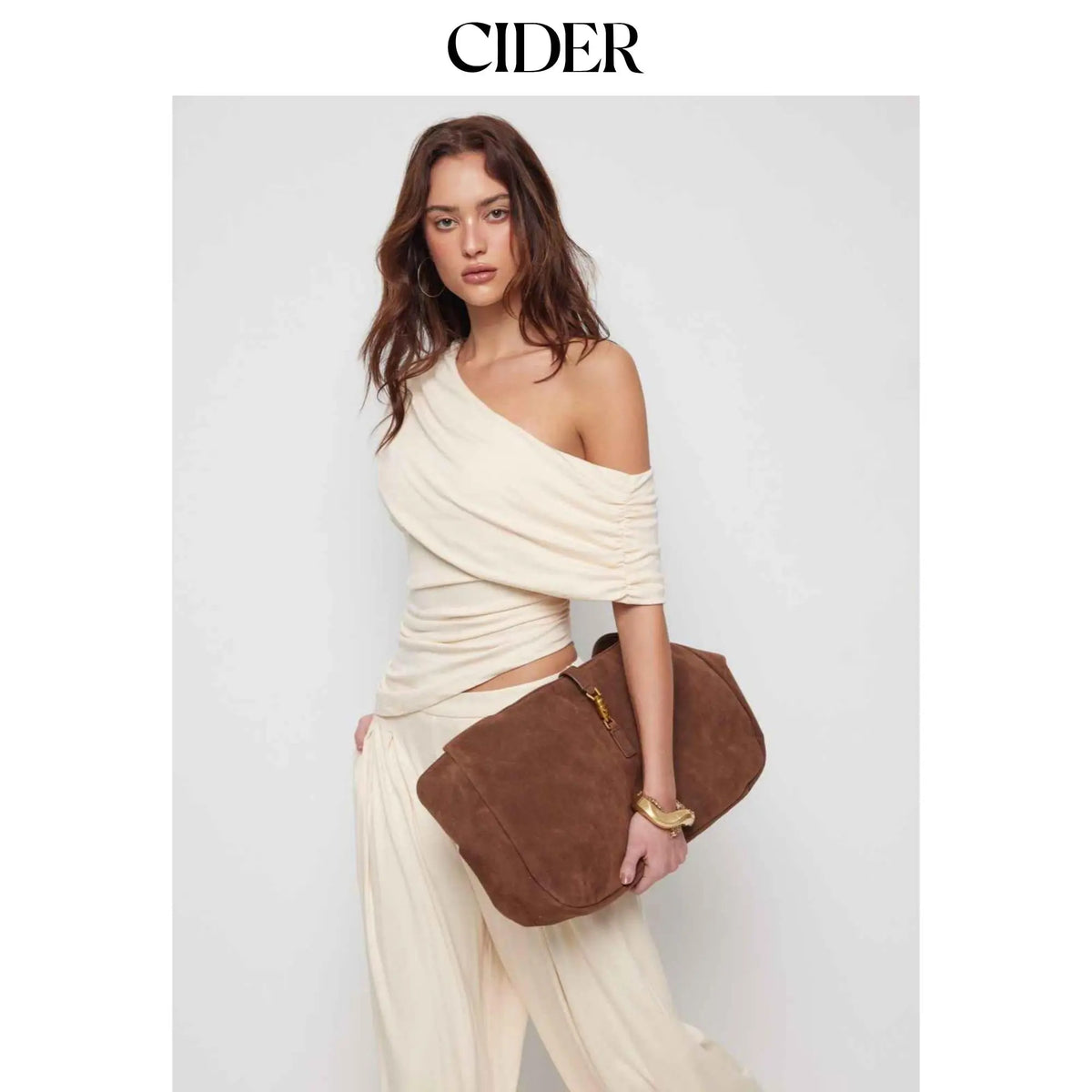 Cider 2-Piece Set Asymmetrical Neck Ruched Top & Mid Rise Wide Leg Draped Trousers Set