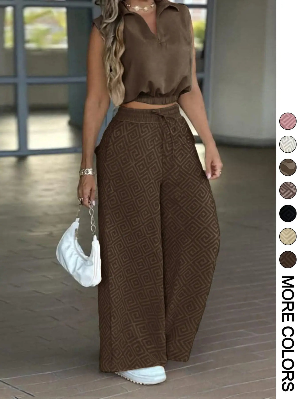 2-Piece Women's Basic Casual Commuter Clothes Set, Sleeveless Collared Waist-Defined Top with High-Waisted Adjustable Drawstring Wide-Leg Pants