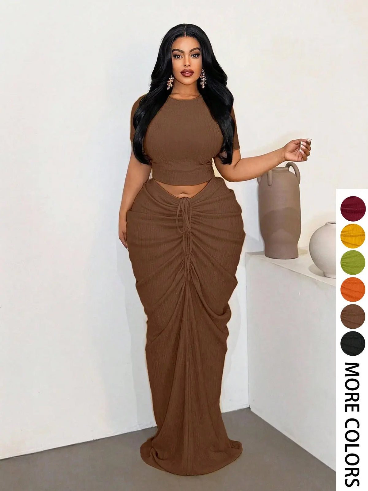 Plus Size Two-Piece Women's Set, Ribbed Short Top & Drawstring Pleated Skirt, Sexy Slim Fit Party Evening, Curvy Friendly Fashion