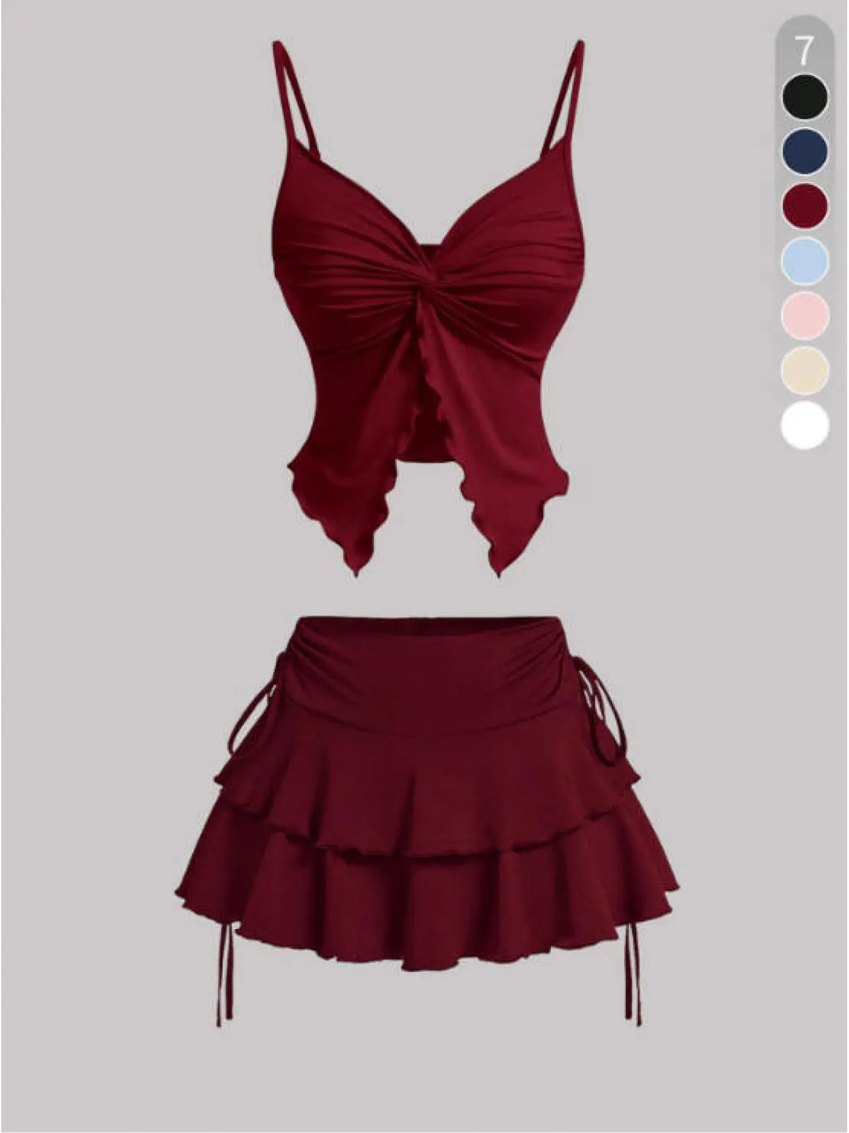 Women's Breathable Casual Solid Fitted Ribbed Strappy Sleeveless Twist-Front Top & Tie-Side Skirt Set Feminine Clothes