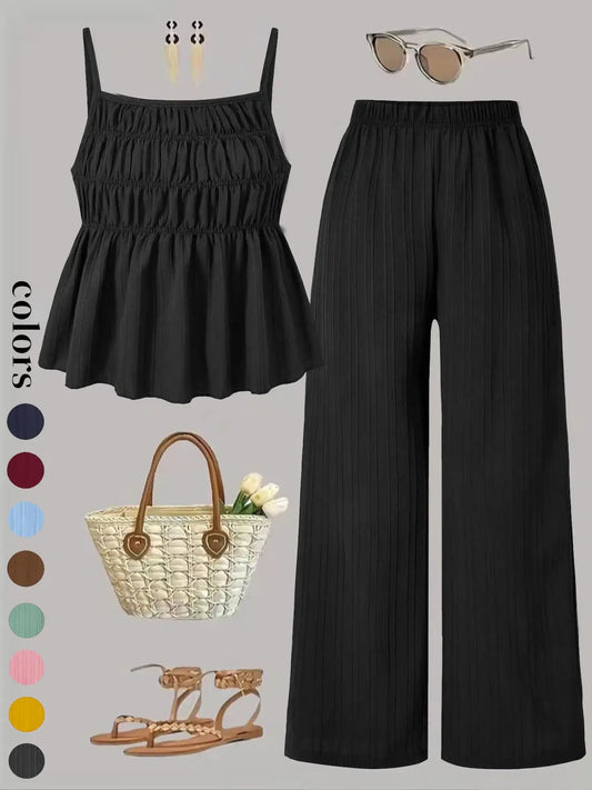 Two-Piece Set Women's Basic Solid Color Cami Top & Wide Leg Pants Set, Street Fashion Casual Outfits for Daily Outdoor Wear, Ladies Clothes for All Seasons