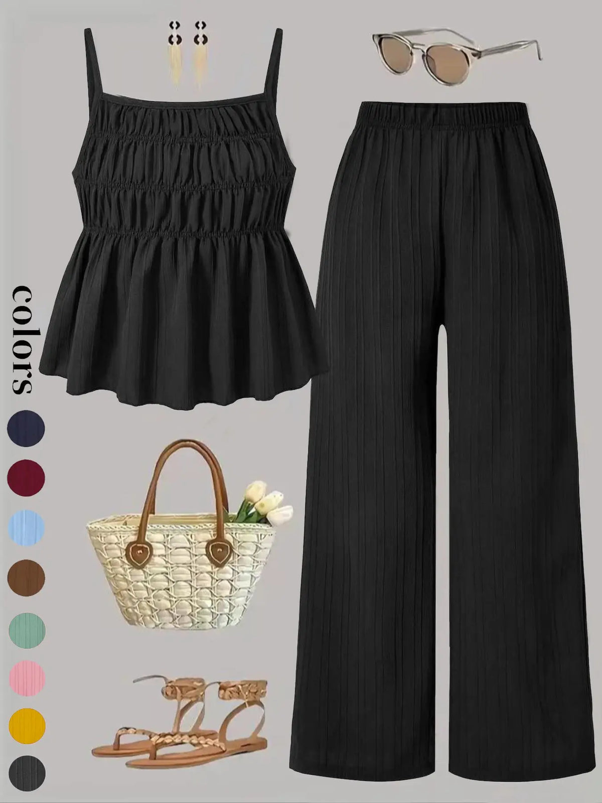 Two-Piece Set Women's Basic Solid Color Cami Top & Wide Leg Pants Set, Street Fashion Casual Outfits for Daily Outdoor Wear, Ladies Clothes for All Seasons