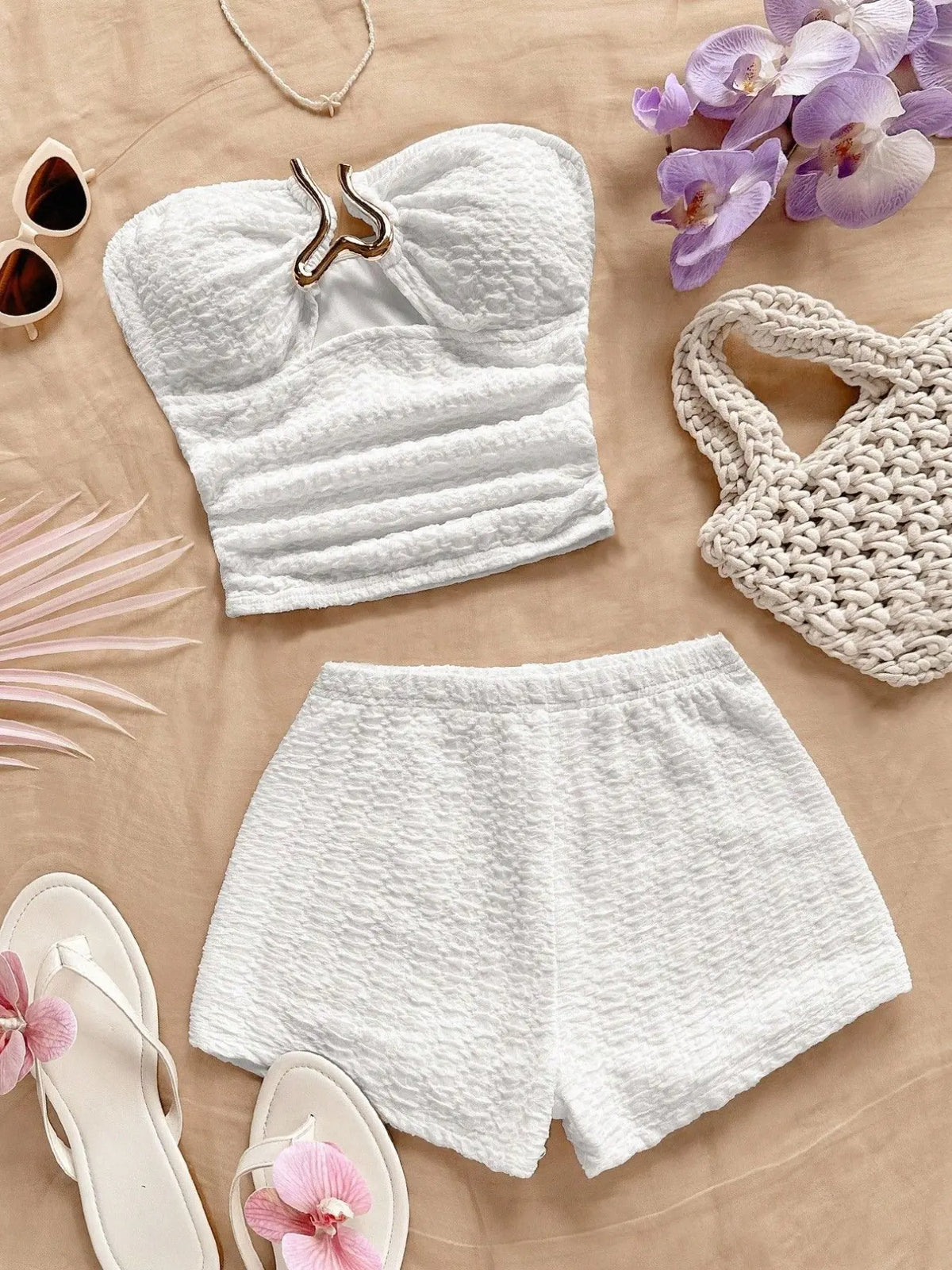 Summer Bohemian Romantic Sleeveless Elastic Knit Crop Top Buckle Two-Piece Short Set, Women's Fashion Casual Vacation Wear