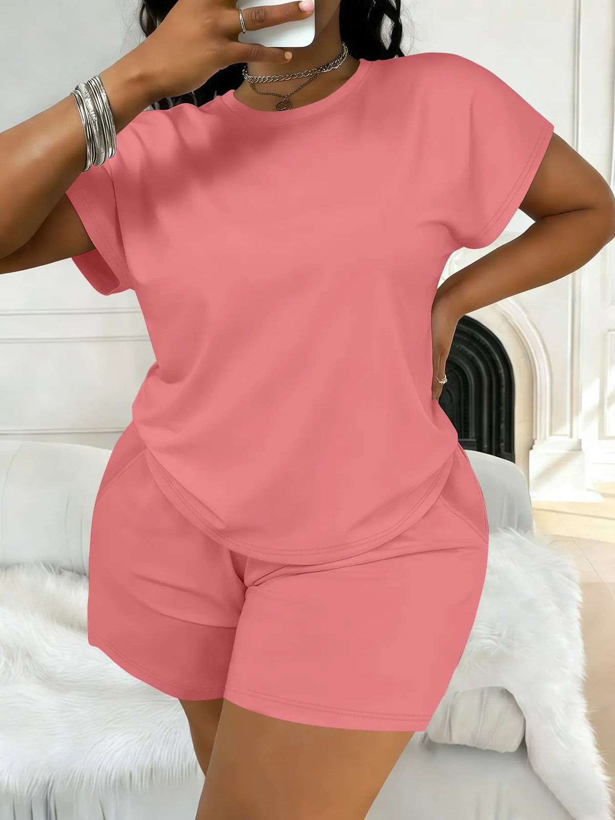 Women's Plus Size Casual Minimalist Plain Short-Sleeve Top and Shorts Set, Spring-Summer Womenswear Clothes with Loose Fit Comfort, All-Season Fashion