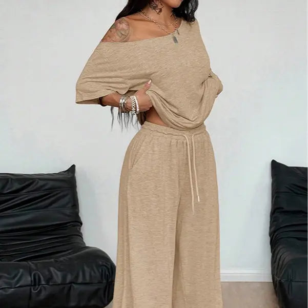 Women Off Shoulder Sweatsuits Oversized Pullover Sweatshirt and Wide Leg Pants Lounge Sets Two Piece Outfits