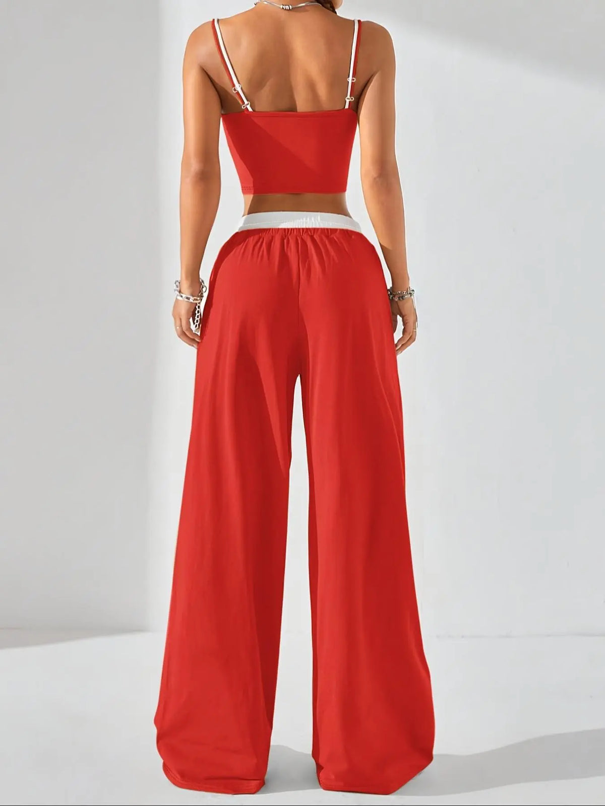 Two-Piece Set Women's Colorblock 2 in 1 Cami Top & Wide Leg Pants Set, Casual Sleeveless Top & Pocket Trousers, Ladies Summer Clothes, Casual Lounge Set, Stretchy Outfit Sets, Camisole Sets, Pants Loungewear Set
