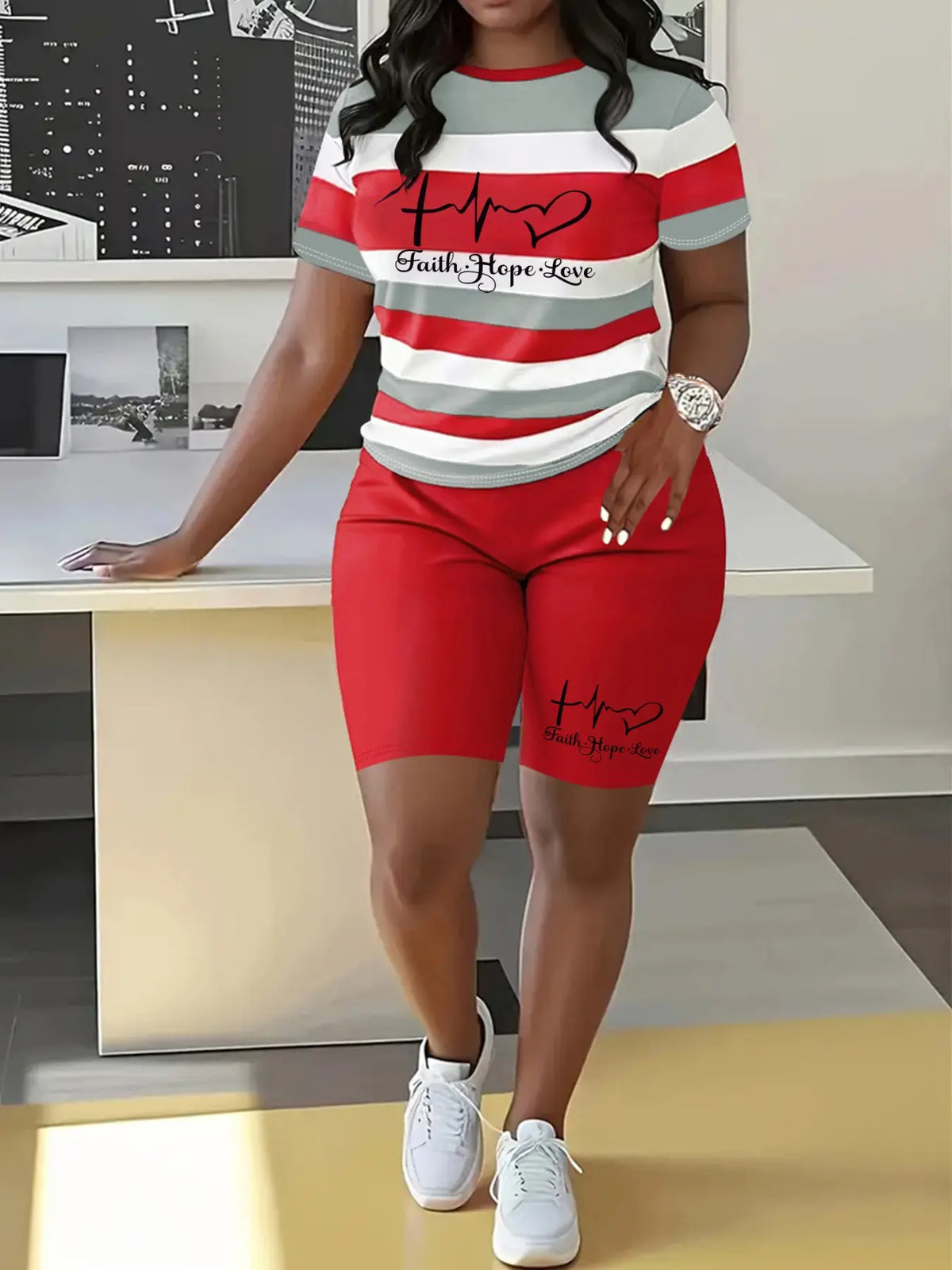 Letter Print Striped Summer Casual Round Neck Short Sleeve Shorts Set, Summer Outfits Set, Fashionable Shorts Set, Womenswear Two-Piece for Spring and Summer, Comfortable and Stylish Lady