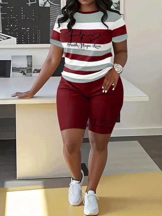 Letter Print Striped Summer Casual Round Neck Short Sleeve Shorts Set, Summer Outfits Set, Fashionable Shorts Set, Womenswear Two-Piece for Spring and Summer, Comfortable and Stylish Lady