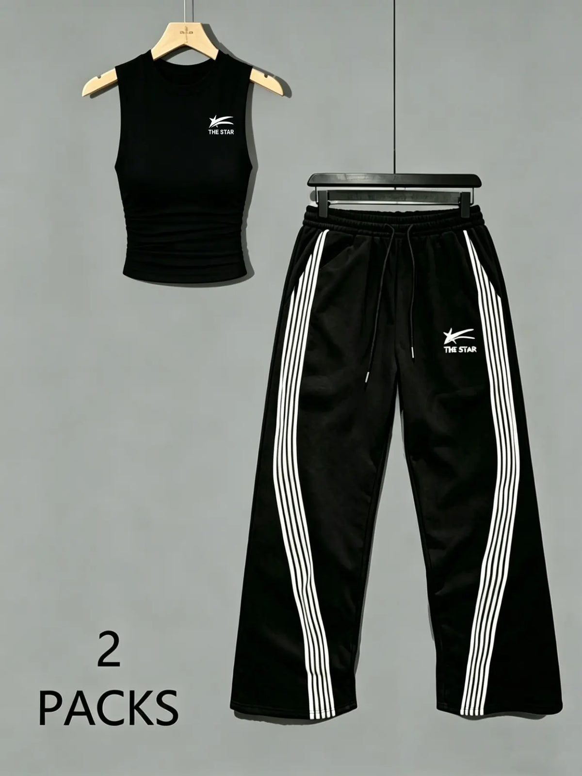 Women's Sweet Savage Style Ruched Sleeveless Top + Striped Sweatpants Set, Mid Waist Loose Fit, All Seasons Fashion Clothes