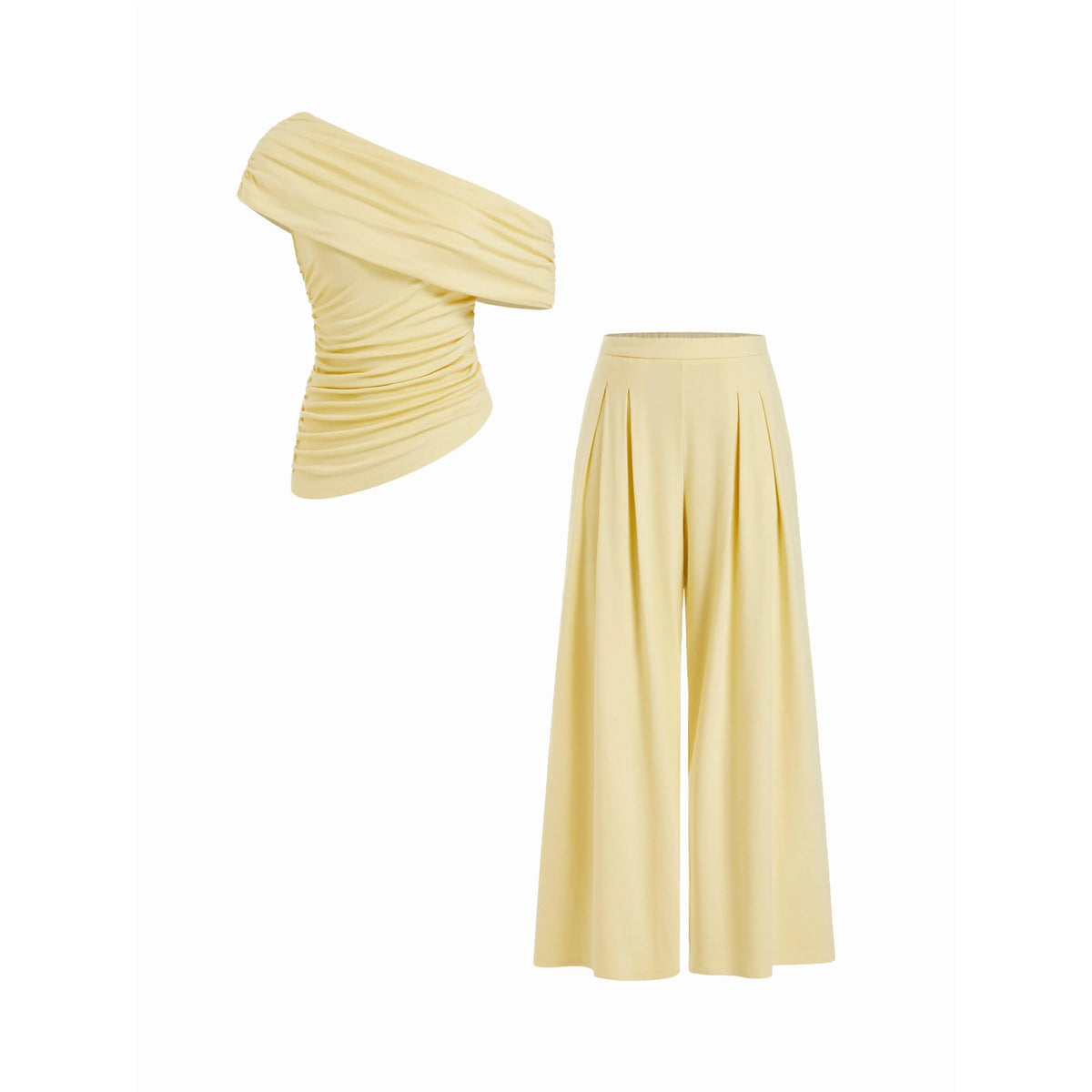 Cider 2-Piece Set Asymmetrical Neck Ruched Top & Mid Rise Wide Leg Draped Trousers Set