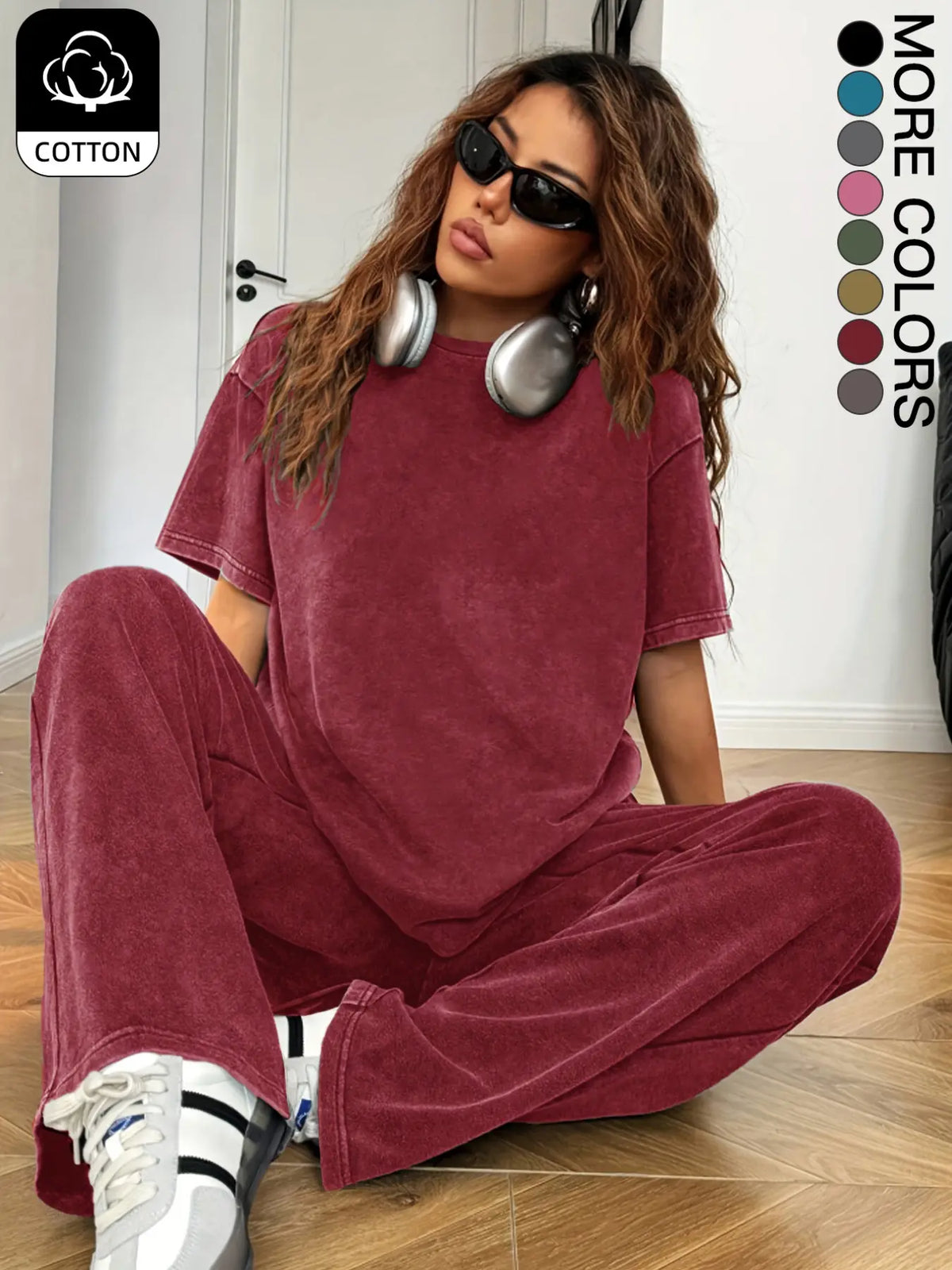 Women's Basic Casual Everyday Acid-Wash Vintage Street-Style Soft Cotton Two-Piece Set, Loose-Fit Round-Neck Short-Sleeve T-Shirt and Wide-Leg Pants