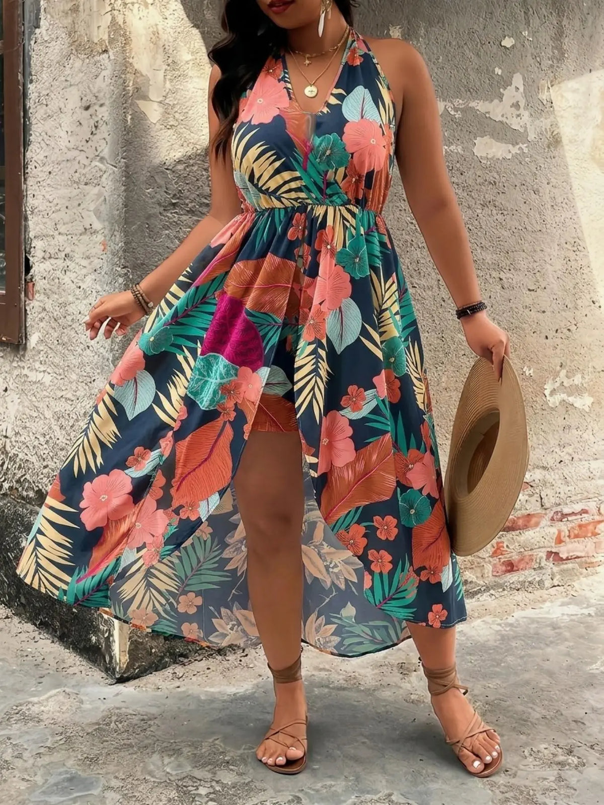 [Plus Size] Two-piece Set Floral Print Split Hem Top & Shorts Set Sleeveless, Boho Casual Two-piece Outfits for Beach Vacation Holiday, Women's Clothes for Summer, Bohemian, Fashion Style Sets, Womenswear, Fashion Clothing Set