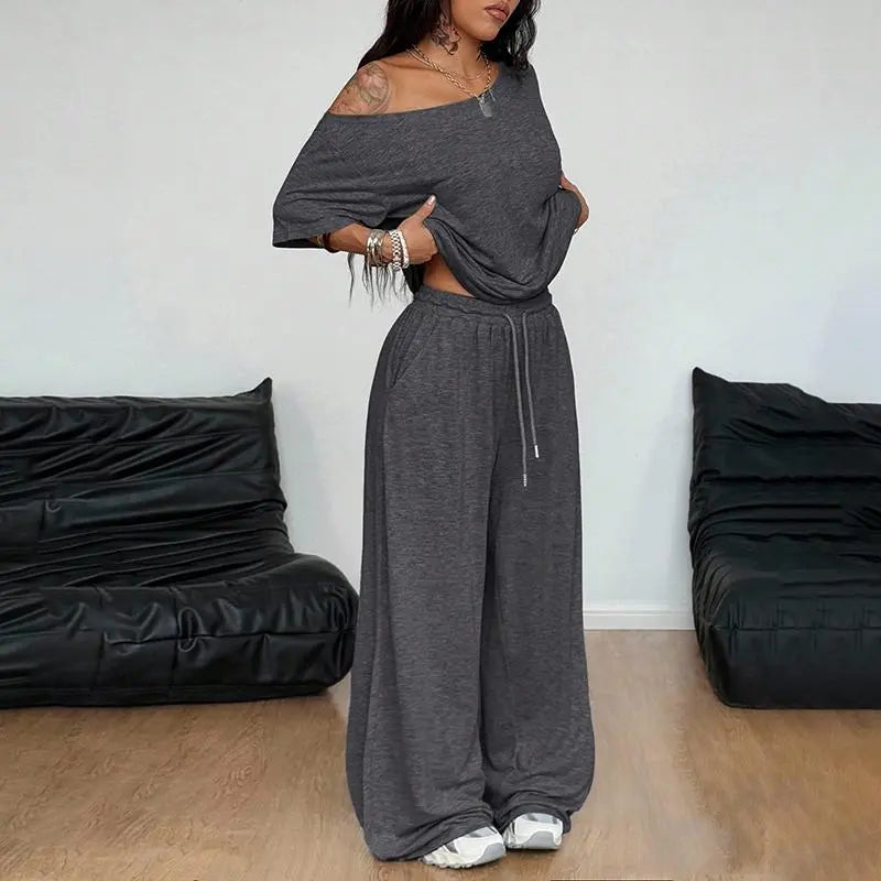 Women Off Shoulder Sweatsuits Oversized Pullover Sweatshirt and Wide Leg Pants Lounge Sets Two Piece Outfits