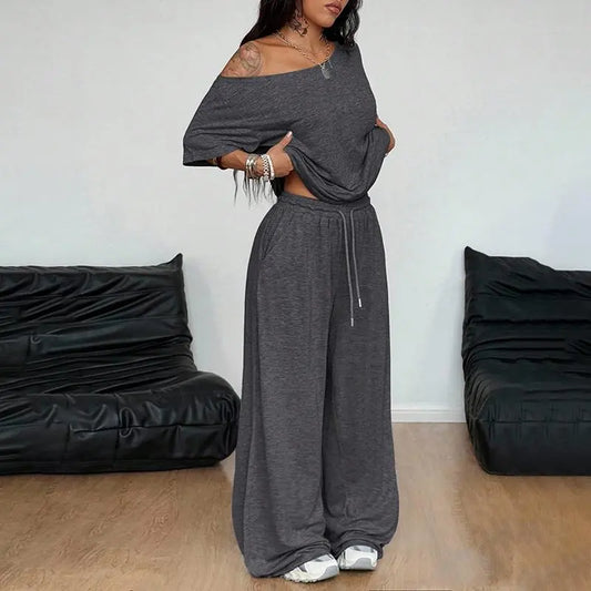 Women Off Shoulder Sweatsuits Oversized Pullover Sweatshirt and Wide Leg Pants Lounge Sets Two Piece Outfits