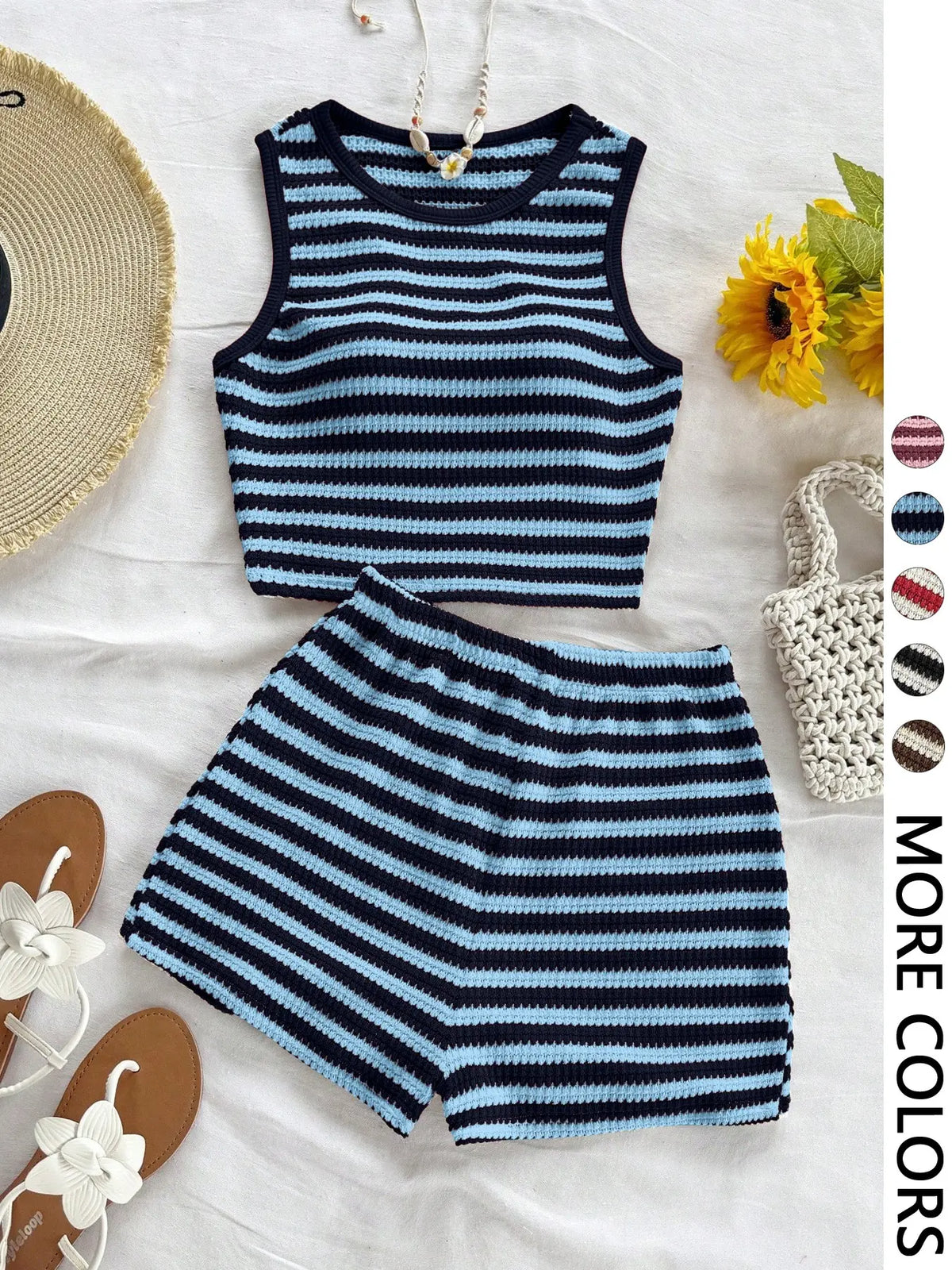 Women's Casual Knitted Striped Backless Short Sleeve Top with Elastic Waist Shorts, Perfect for Vacation Wear, Matching 2 Piece Casual Chic Set, Clothes, Summer Outfit Set