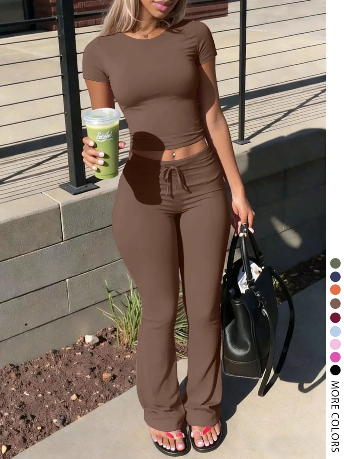 Women's LovelyWholesale Fashion Casual Two-Piece Set, Solid Color Round-Neck Short-Sleeve T-Shirt Top and Drawstring Pants, Spring and Summer Clothing