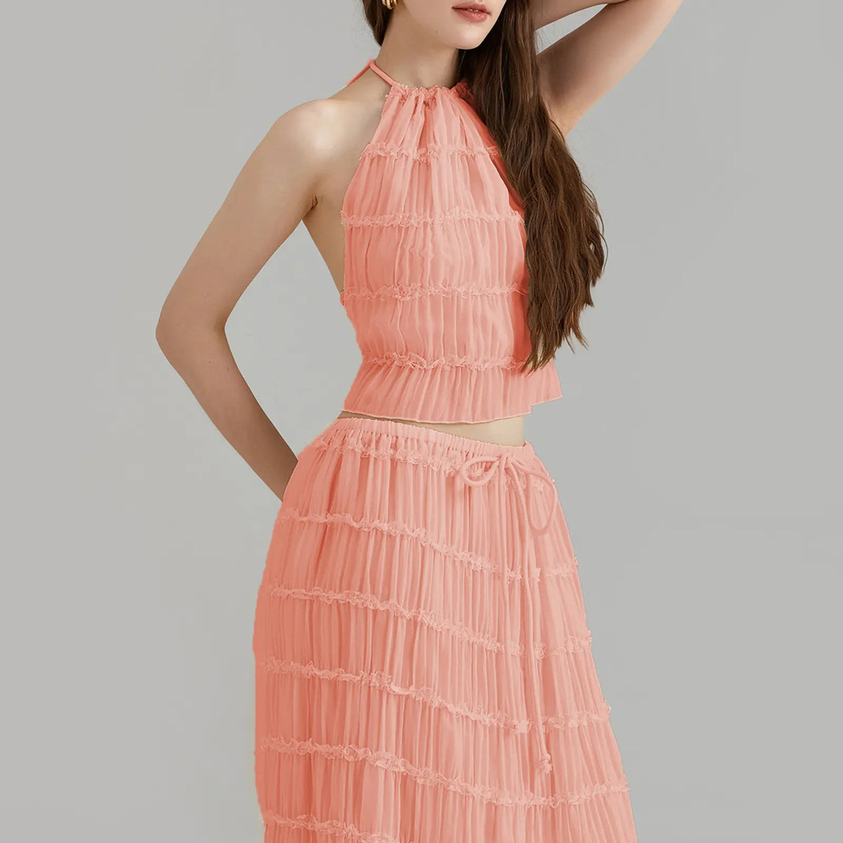 Women’s Two Piece Summer Outfits Sleeveless Ruched Halter Cami Tops and Long Skirt Set Beachwear
