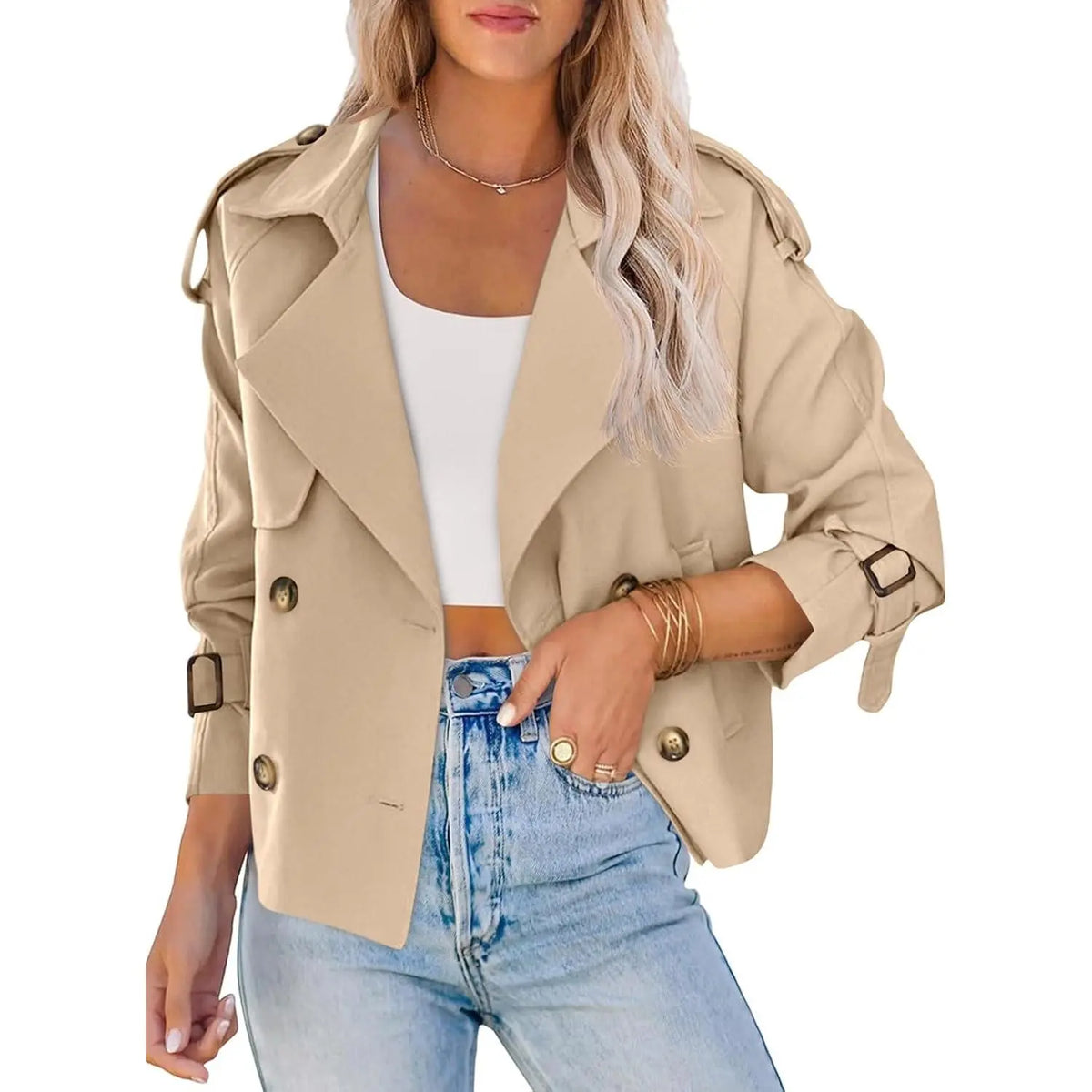 Fessceruna Women Crop Double Breasted Trench Coat Raglan Sleeve Work Office Cropped Jacket With Pockets