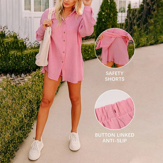 Fisoew Womens 2 Piece Basic Collared Matching Set Oversized Long Sleeve Button Down Top Attachable Safety Shorts Casual Beach Cover-Up Vacation Outfits SohoChic