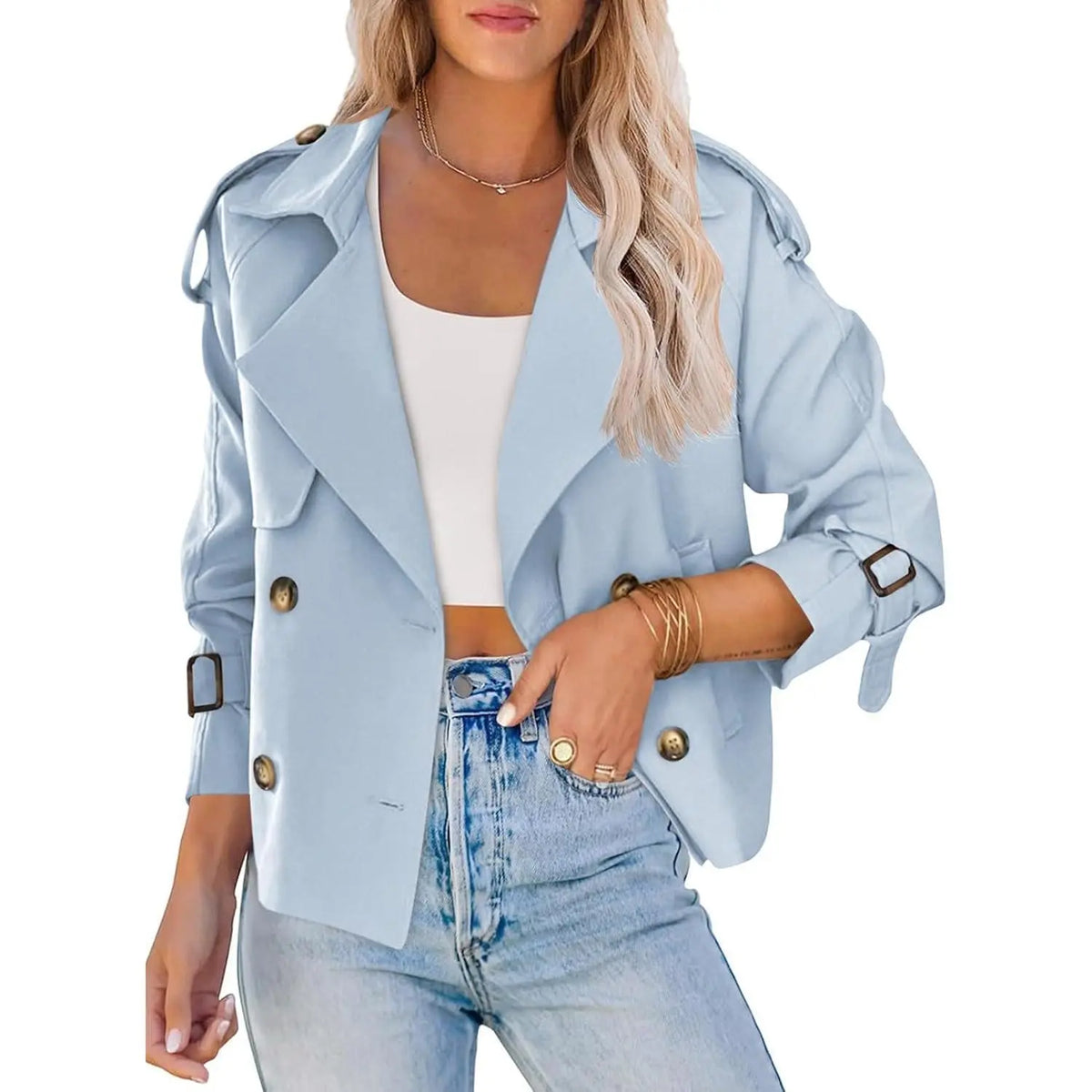 Fessceruna Women Crop Double Breasted Trench Coat Raglan Sleeve Work Office Cropped Jacket With Pockets