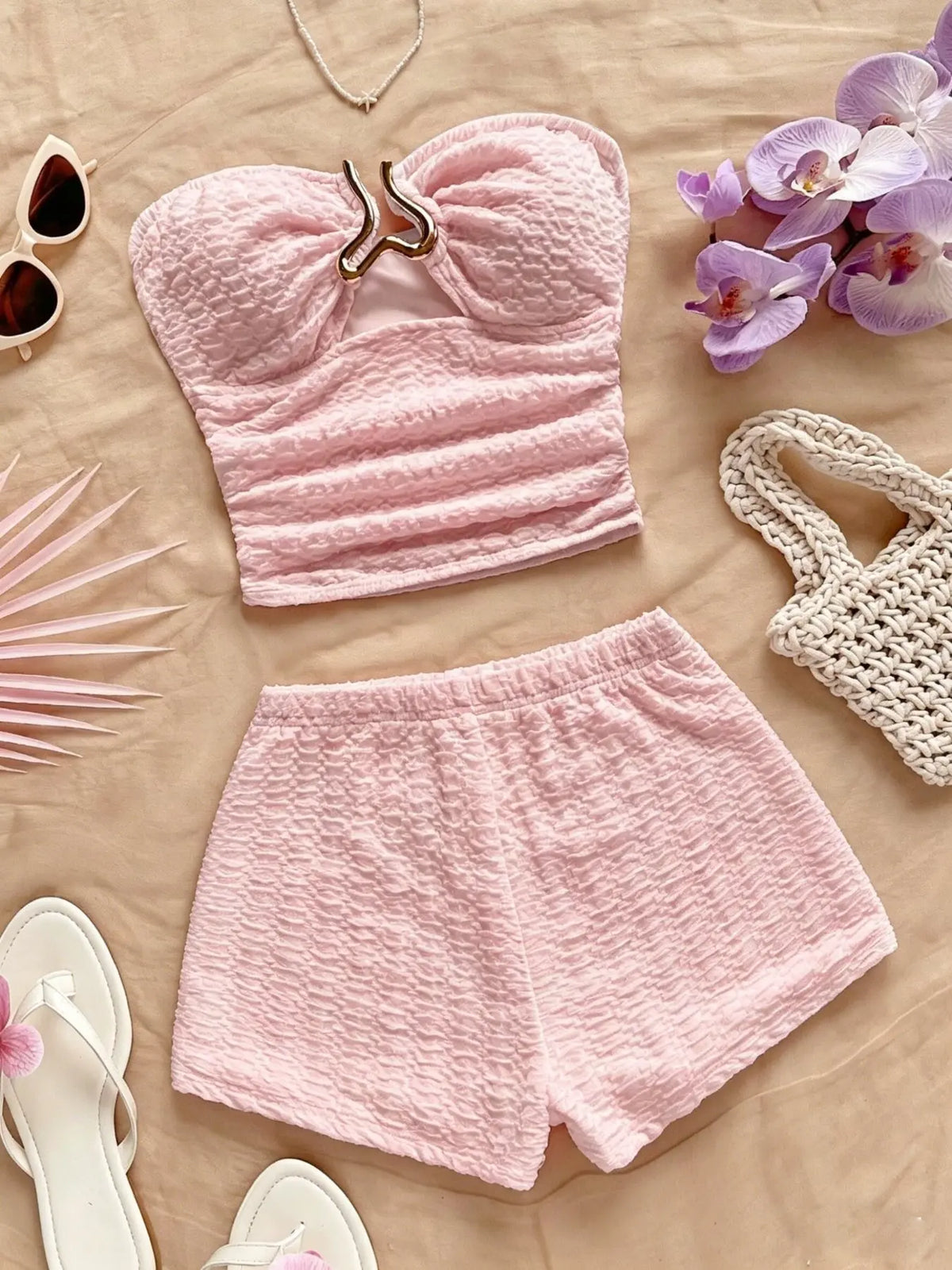 Summer Bohemian Romantic Sleeveless Elastic Knit Crop Top Buckle Two-Piece Short Set, Women's Fashion Casual Vacation Wear