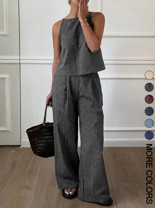 Women's Summer Striped Thin Strap Sleeveless Vest Top & Loose Long Pants Two-Piece Set, matching Outfit, Lightweight Casual Everyday Home Wear, Comfortable and Stylish